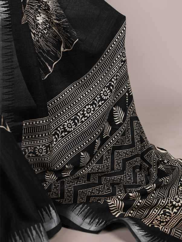 Slub Silk Printed Saree in Black