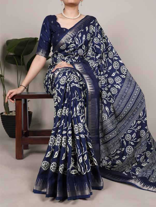 Slub Silk Designer Saree in Black