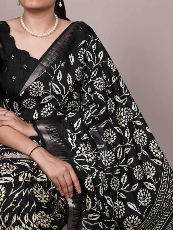 Slub Silk Designer Saree in Black