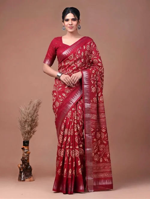 Slub Silk Printed Saree in Navy Blue