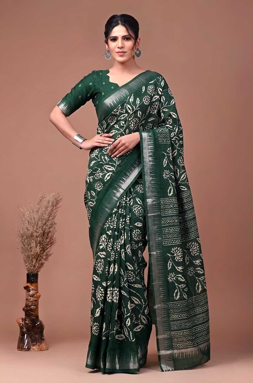 Slub Silk Printed Saree in Navy Blue