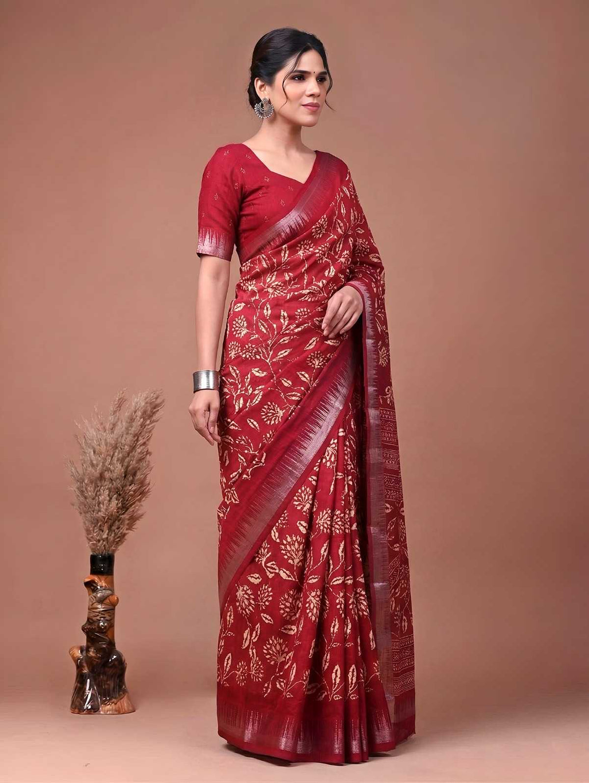 Slub Silk Printed Saree in Navy Blue