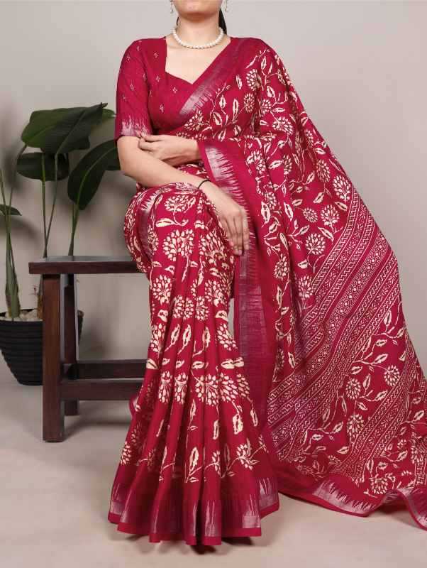 Slub Silk Printed Saree in Red