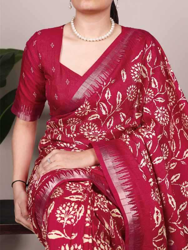 Slub Silk Printed Saree in Red