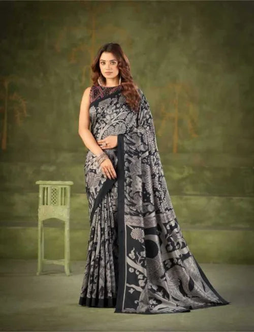 Tussar Silk Printed Saree in Bottle Green