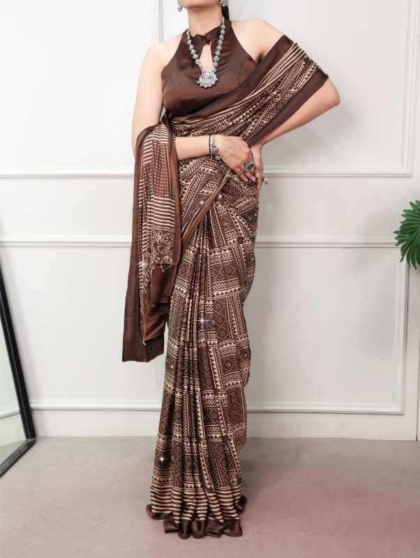 Satin Silk Designer Saree in Brown