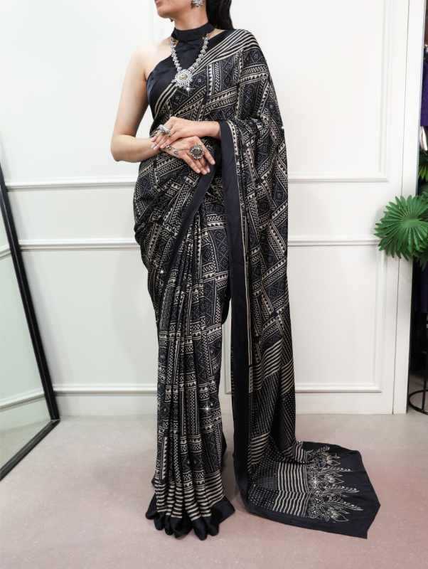Satin Silk Designer Saree in Brown