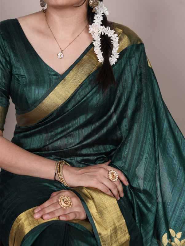 Silk Zari Border Saree in Bottle Green