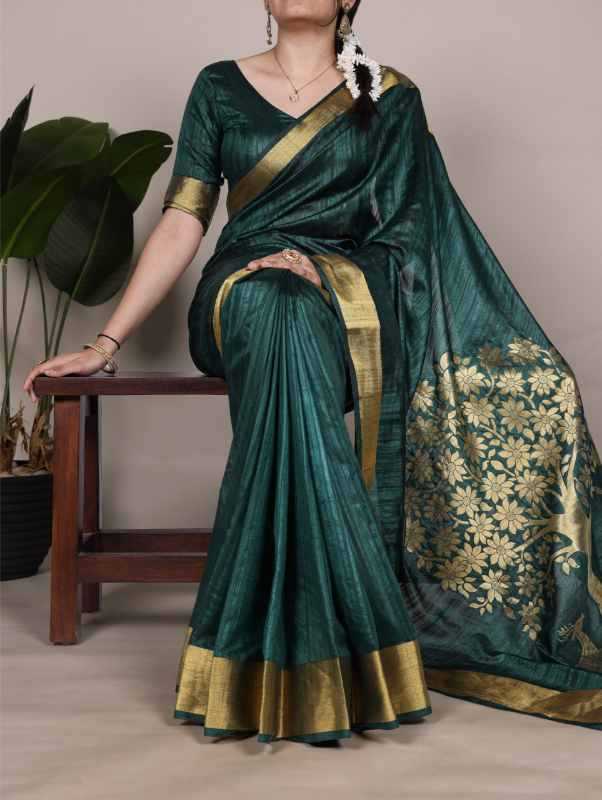 Silk Zari Border Saree in Bottle Green