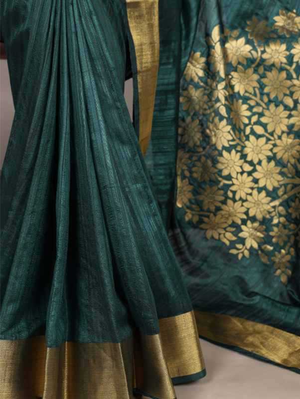 Silk Zari Border Saree in Bottle Green