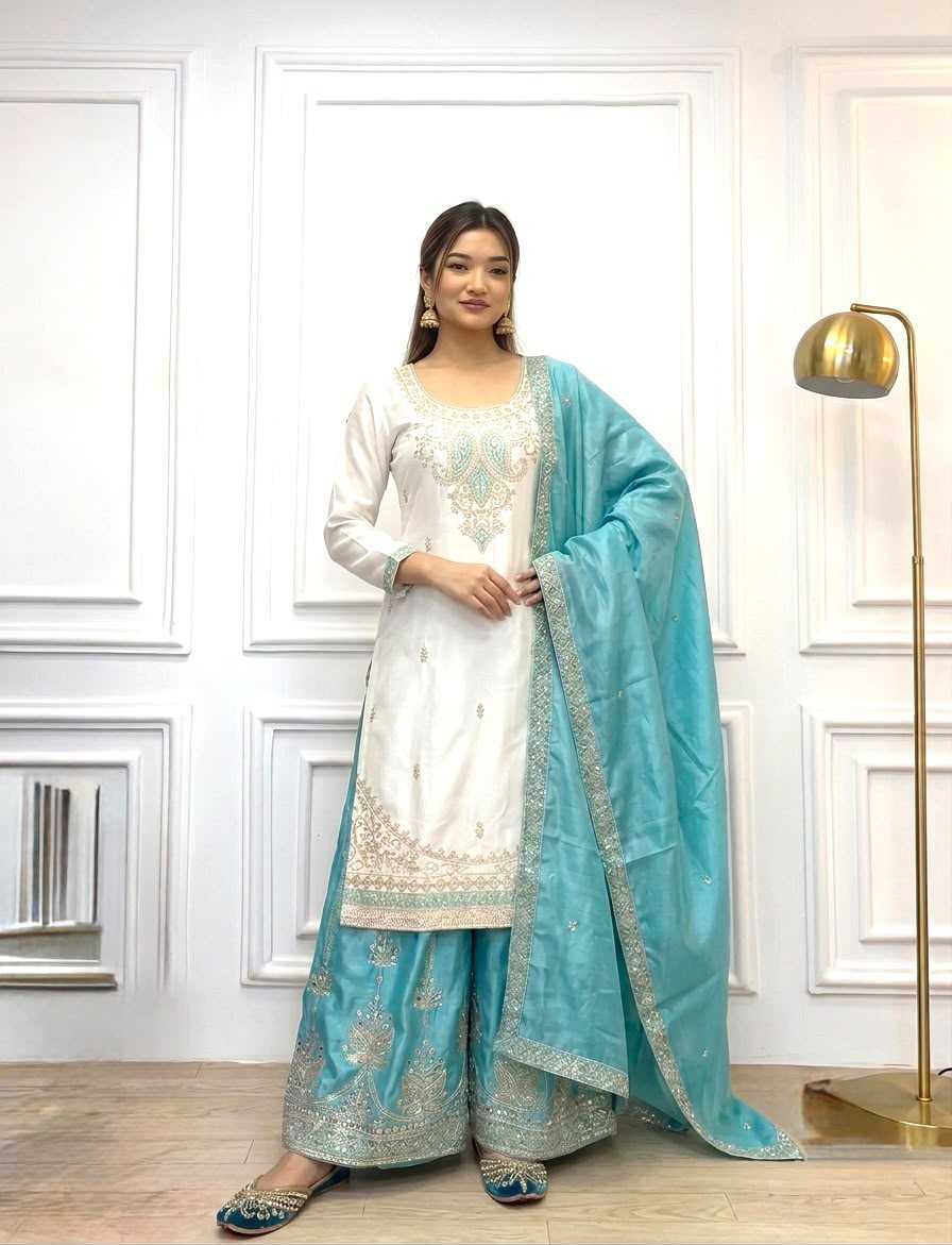 Chinon Silk Embroidery Suit in Sky