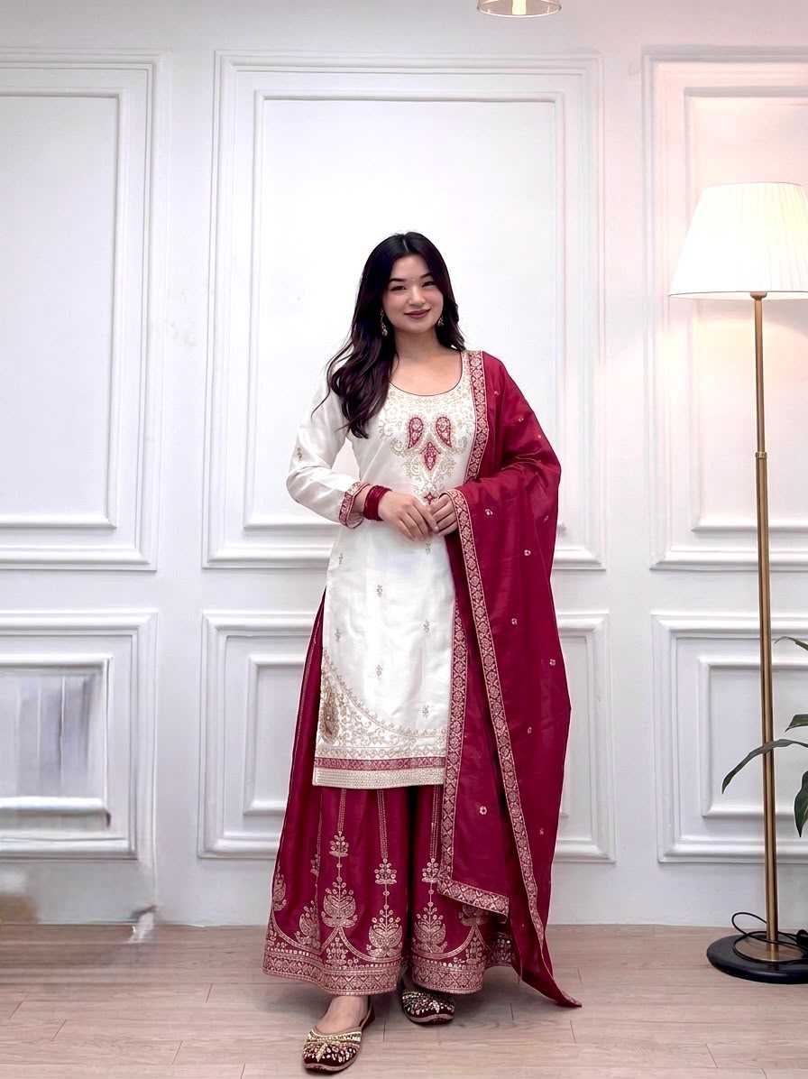 Chinon Silk Embroidery Suit in Sky