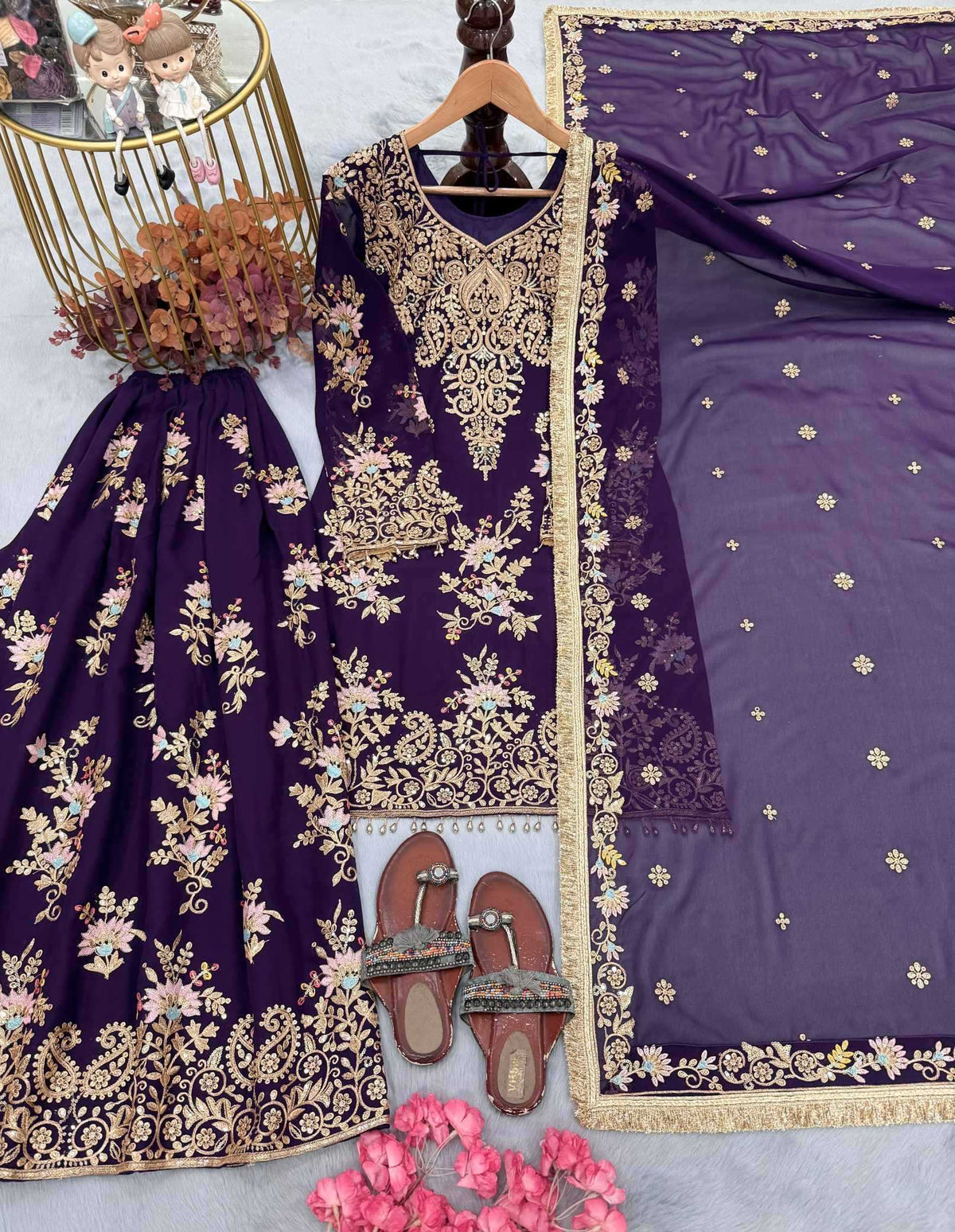 Faux Georgette Embroidery Suit in Red