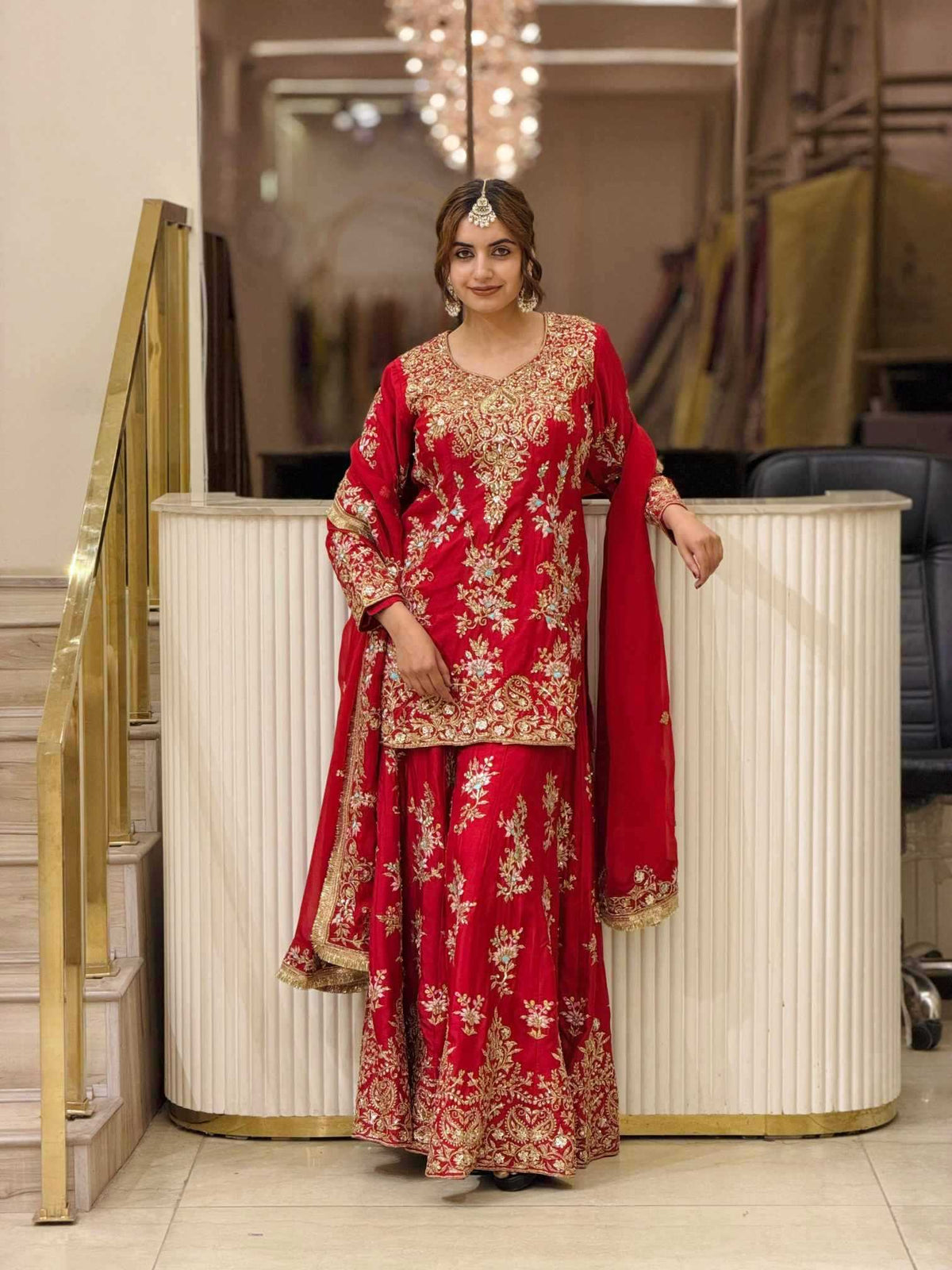 Faux Georgette Embroidery Suit in Red