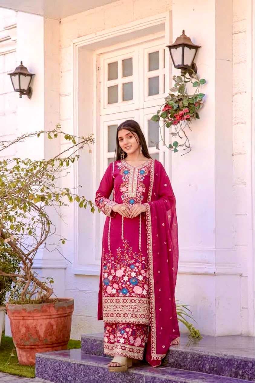 Chinon Silk Embroidery Suit in Rani