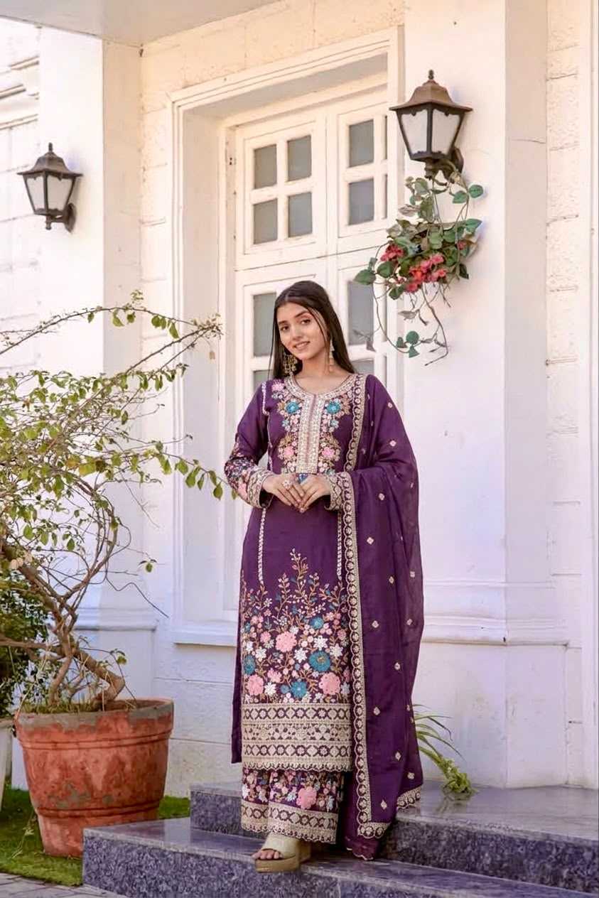 Chinon Silk Embroidery Suit in Rani