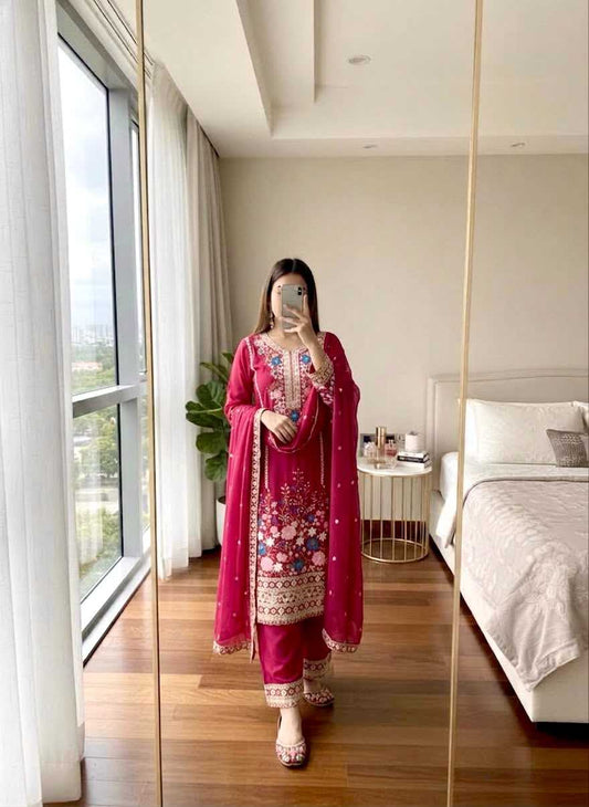 Chinon Silk Embroidery Suit in Rani