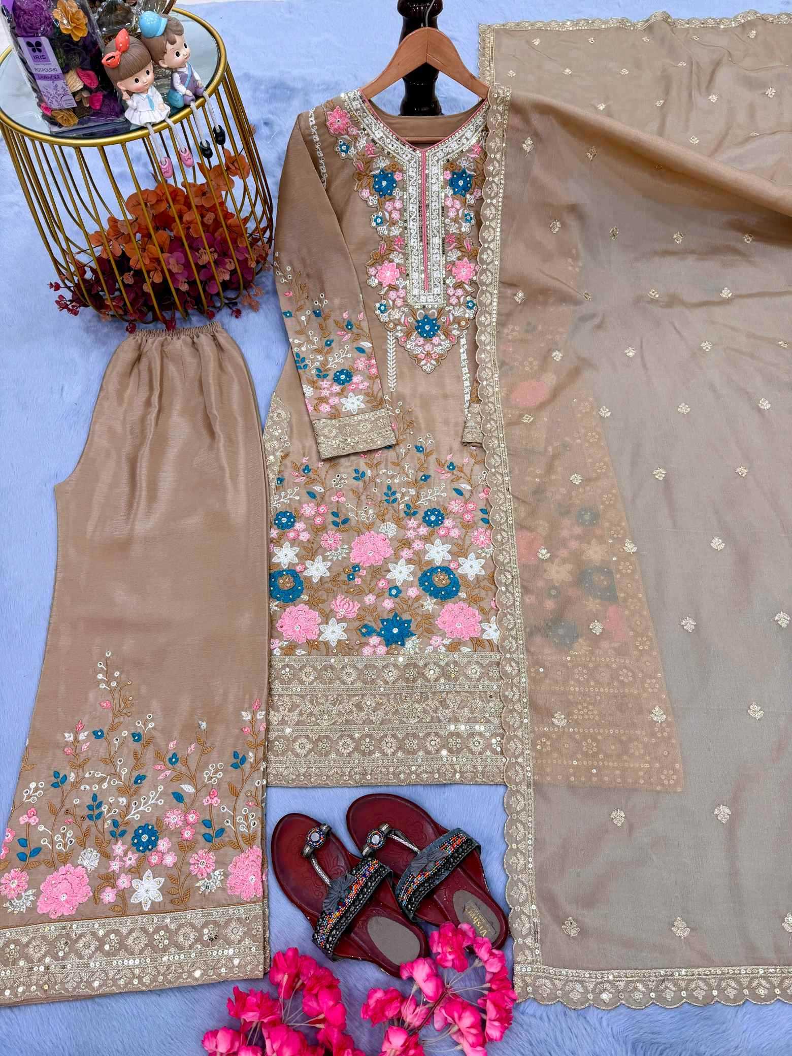 Chinon Silk Embroidery Suit