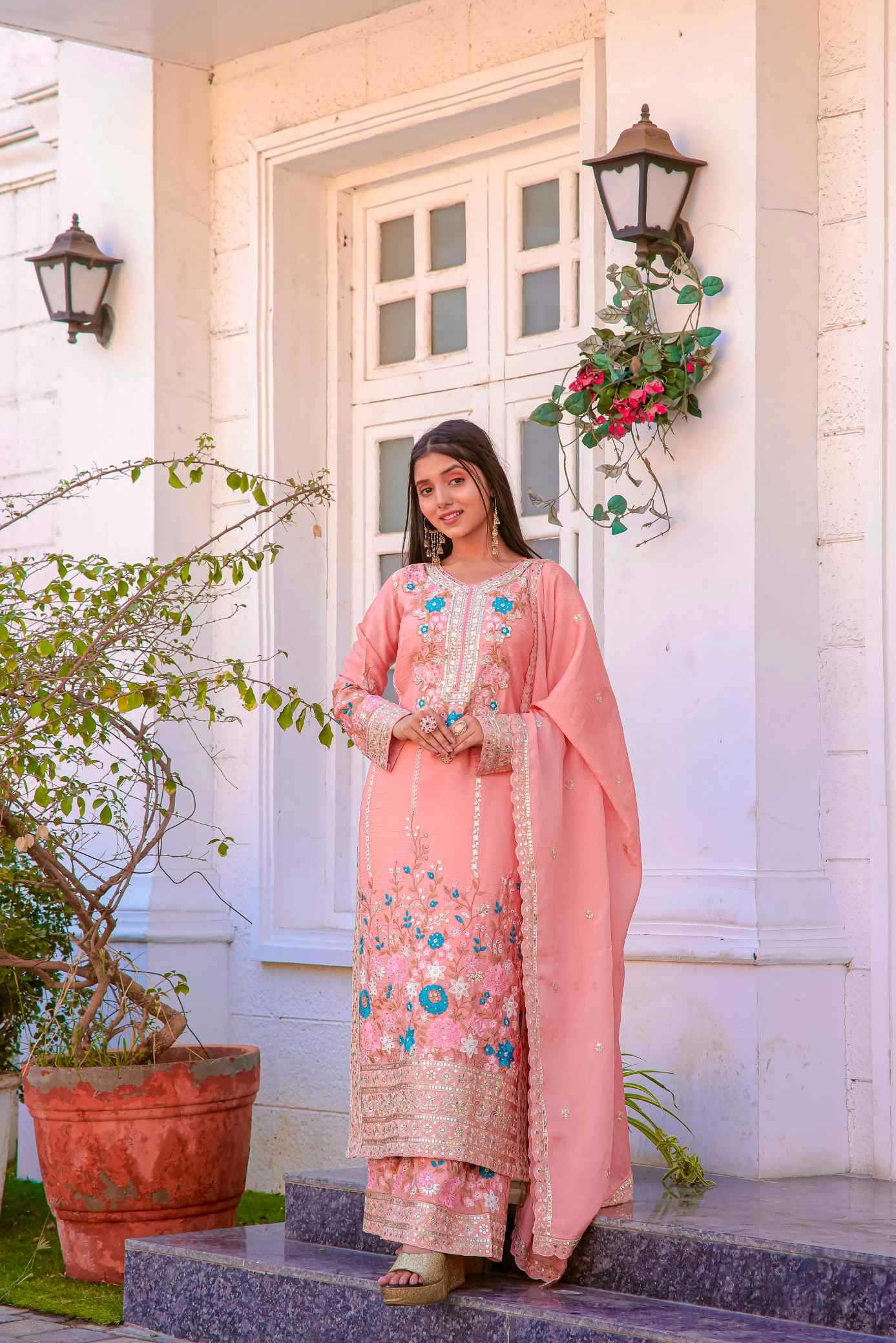 Chinon Silk Embroidery Suit