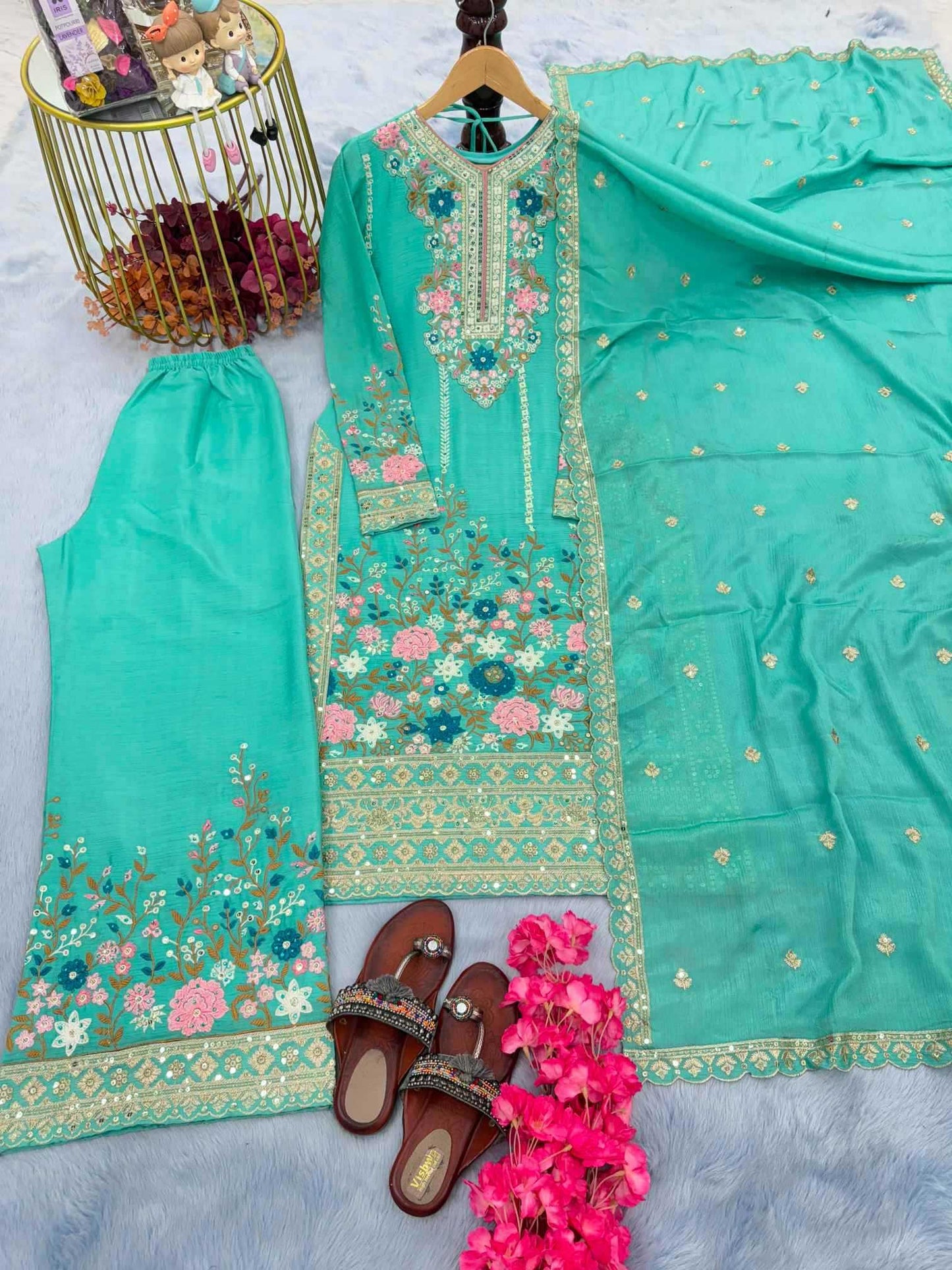 Chinon Silk Embroidery Suit