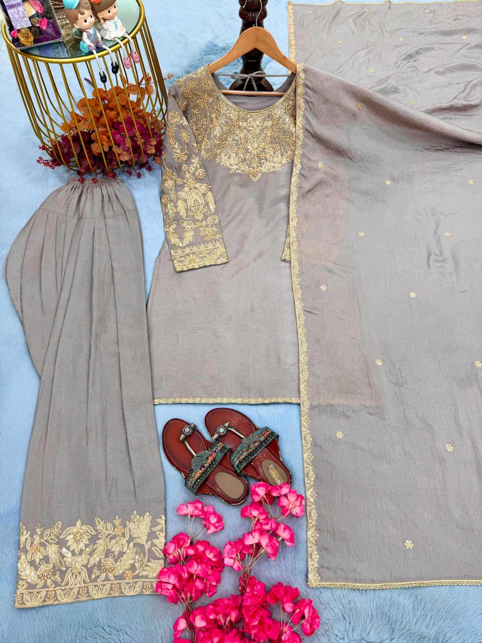 Chinon Silk Embroidery Suit