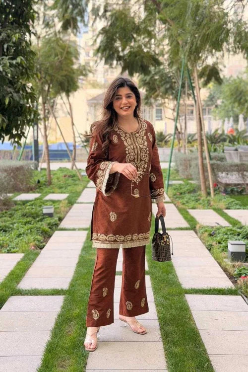 Flower Cotton Festive Kurti in Brown