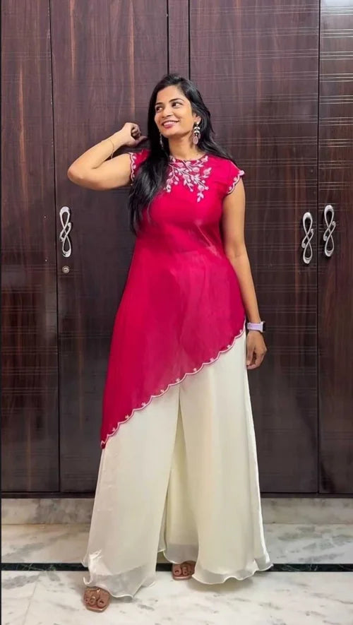 Pink Fendy Designer Kurti in Ivory