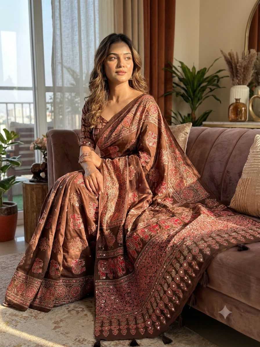 Japan Sartin Printed Saree in Hot Pink