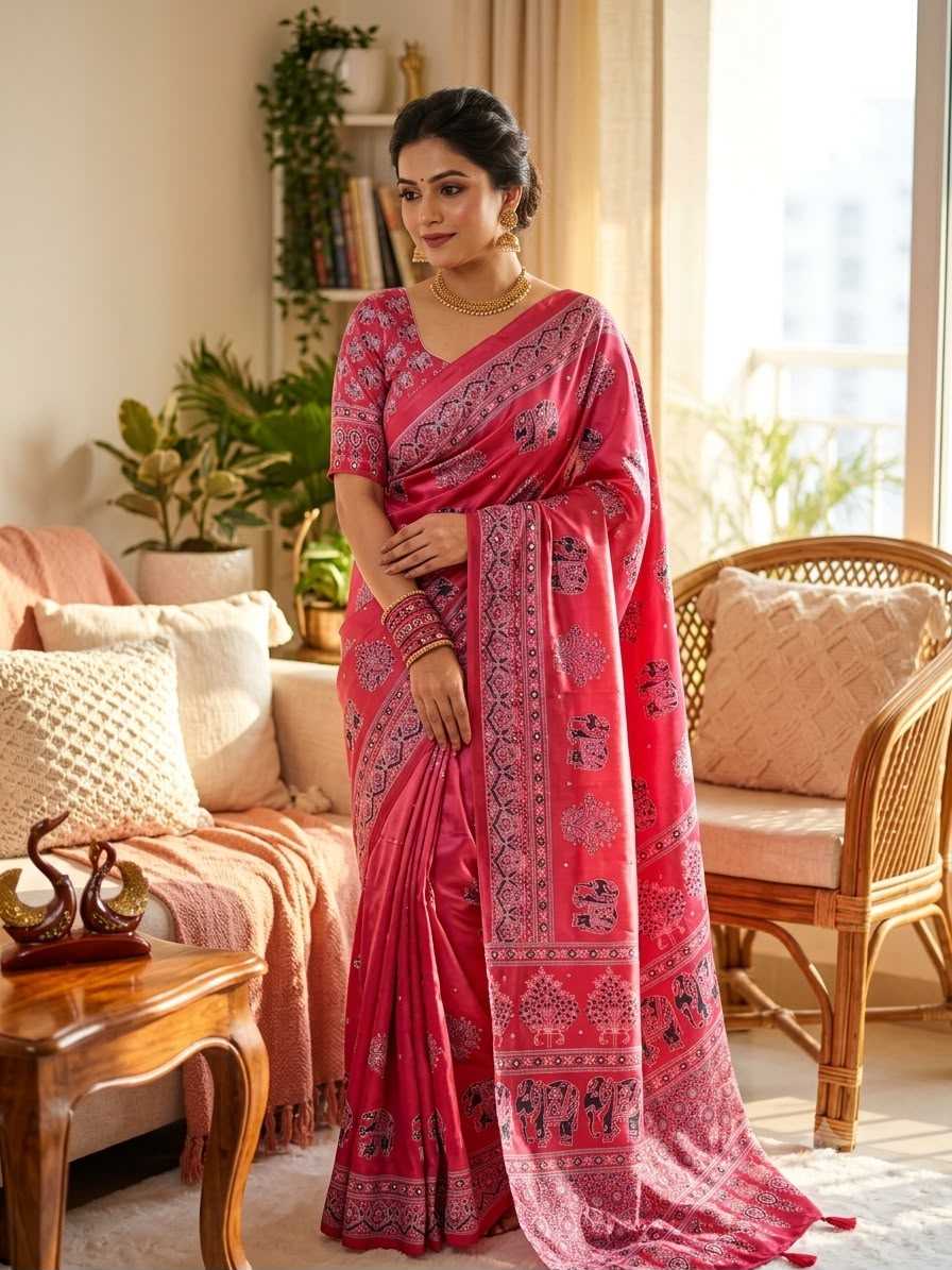 Japan Sartin Printed Saree in Hot Pink