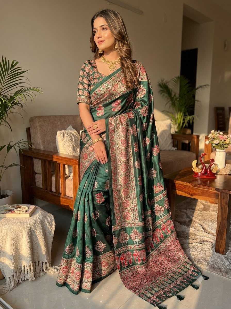 Japan Sartin Printed Saree in Hot Pink