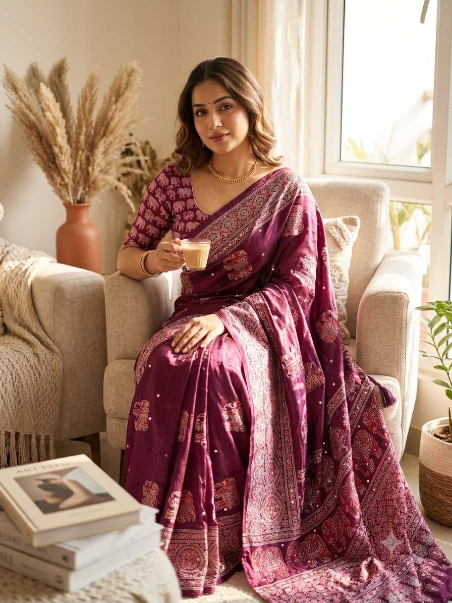 Japan Sartin Printed Saree in Hot Pink