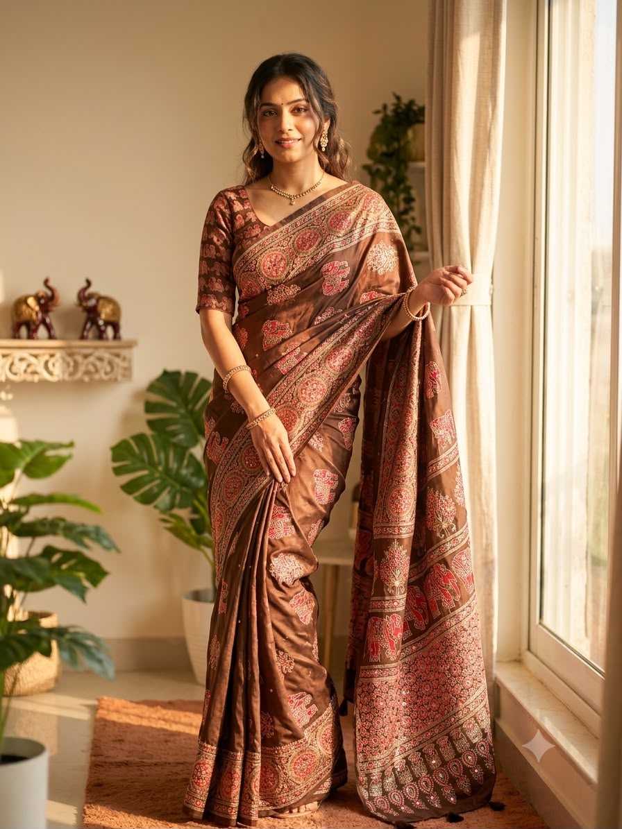 Japan Sartin Printed Saree in Hot Pink
