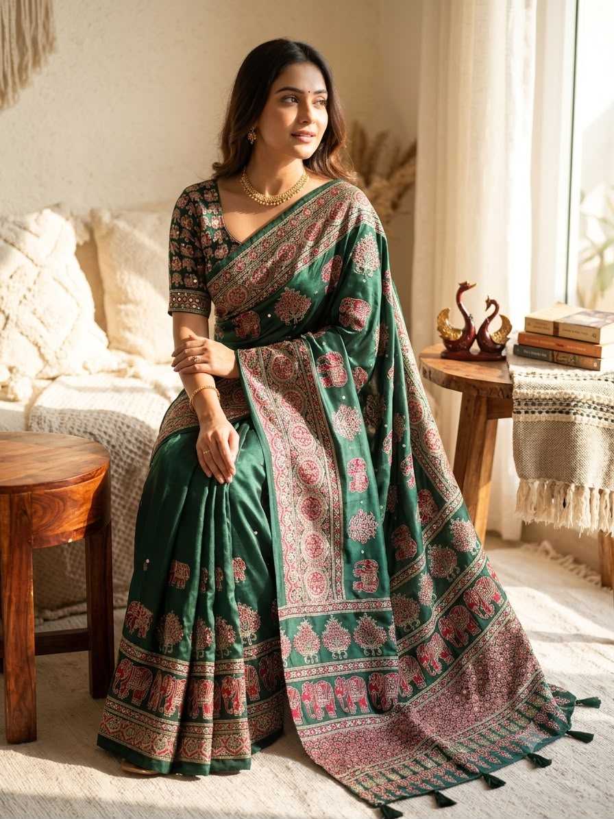Japan Sartin Printed Saree in Hot Pink
