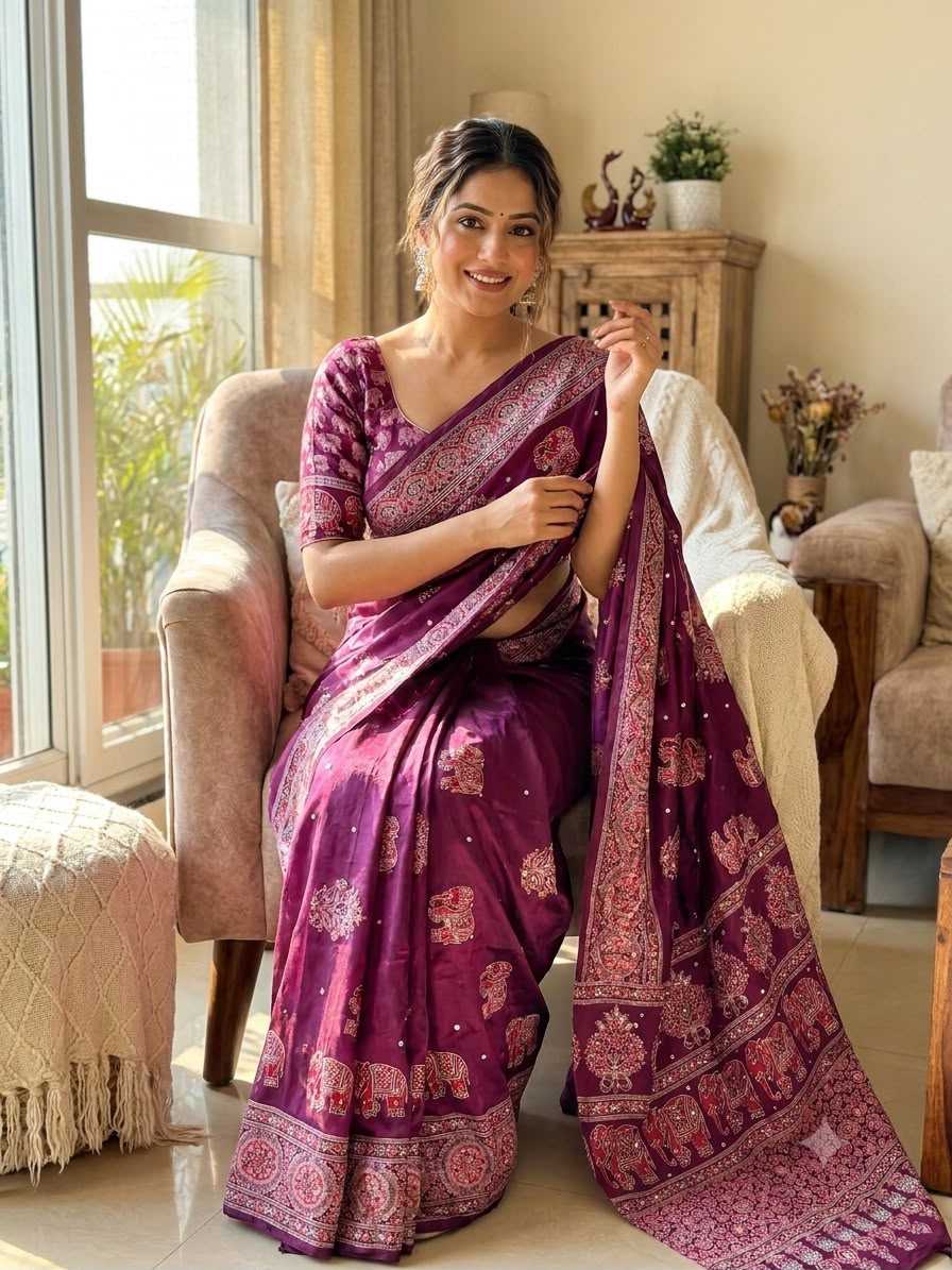 Japan Sartin Printed Saree in Hot Pink
