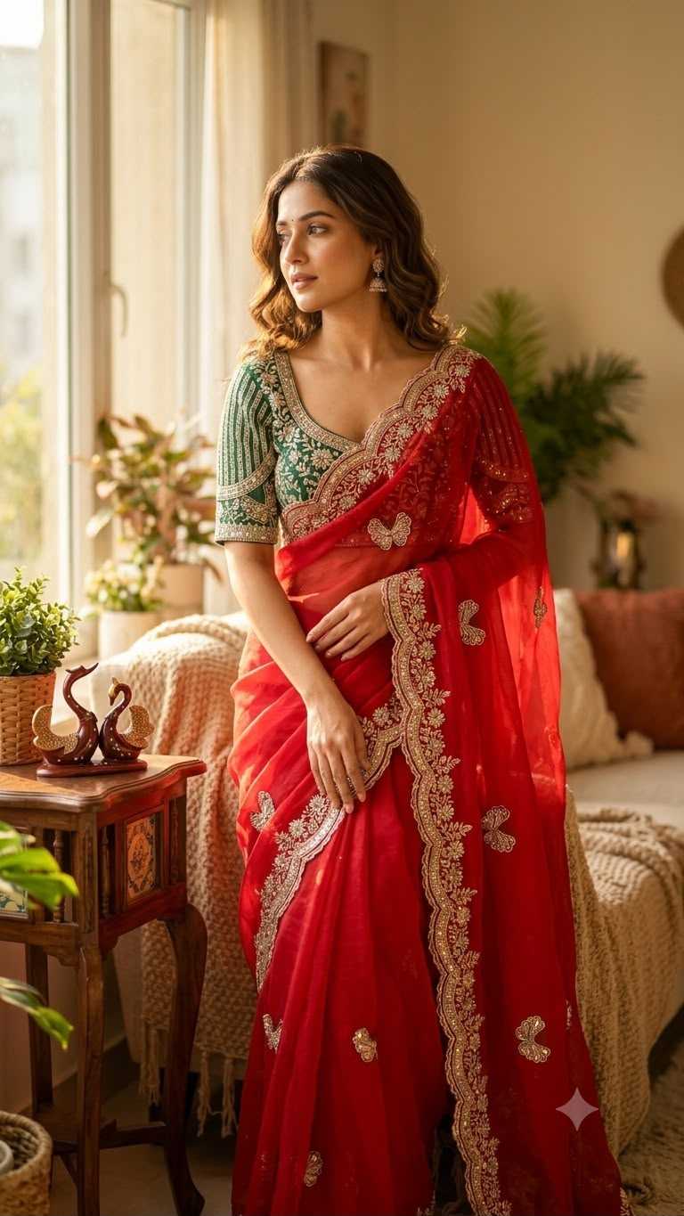 Satin Sequence Saree in Red