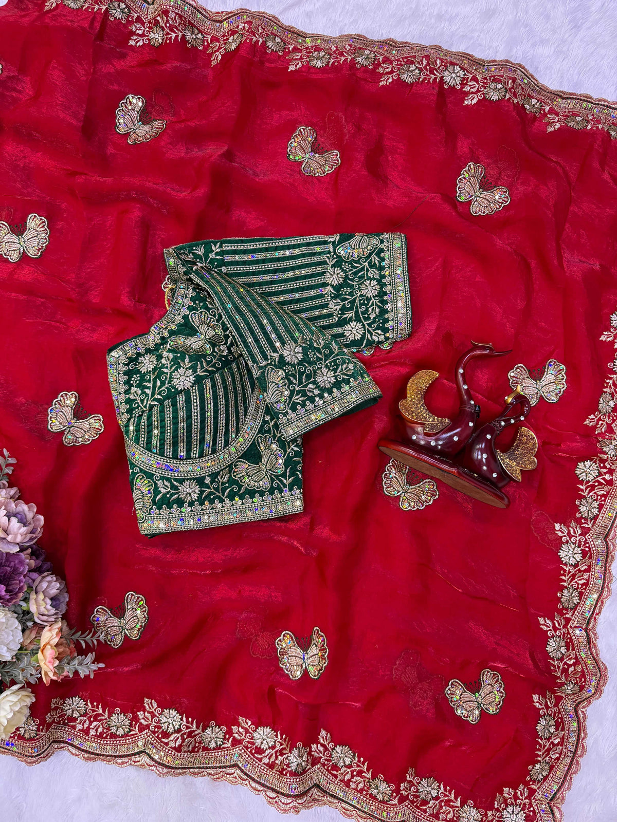 Satin Sequence Saree in Red