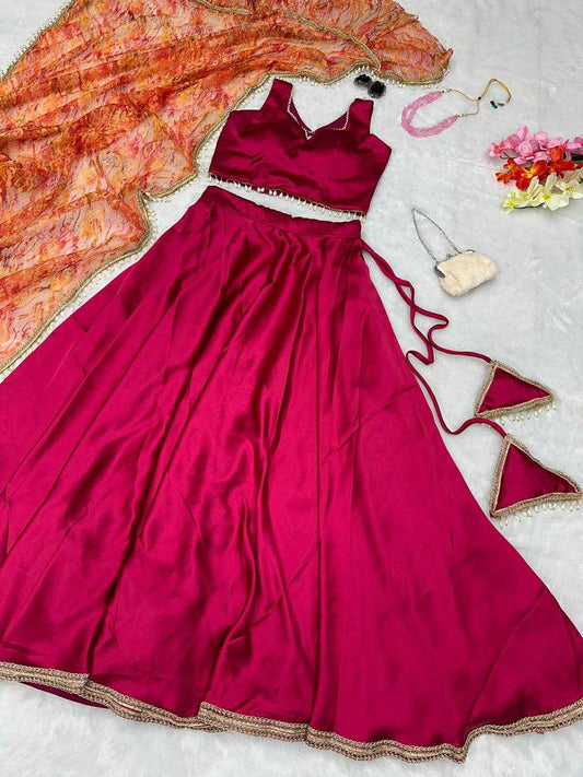 Satin Silk Designer Lehenga in Red
