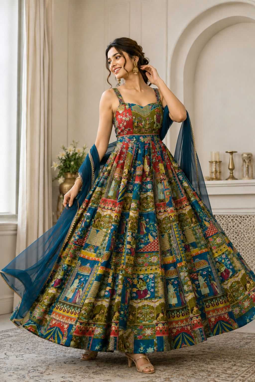 Organza Silk Printed Gown in Green