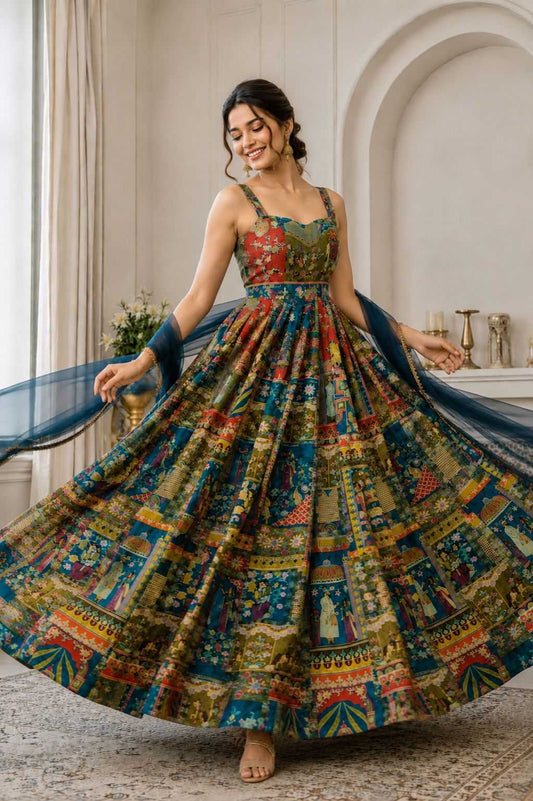 Organza Silk Printed Gown in Green
