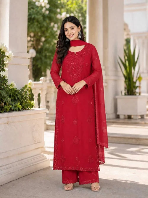 Faux Georgette Embroidery Suit in Dark Green