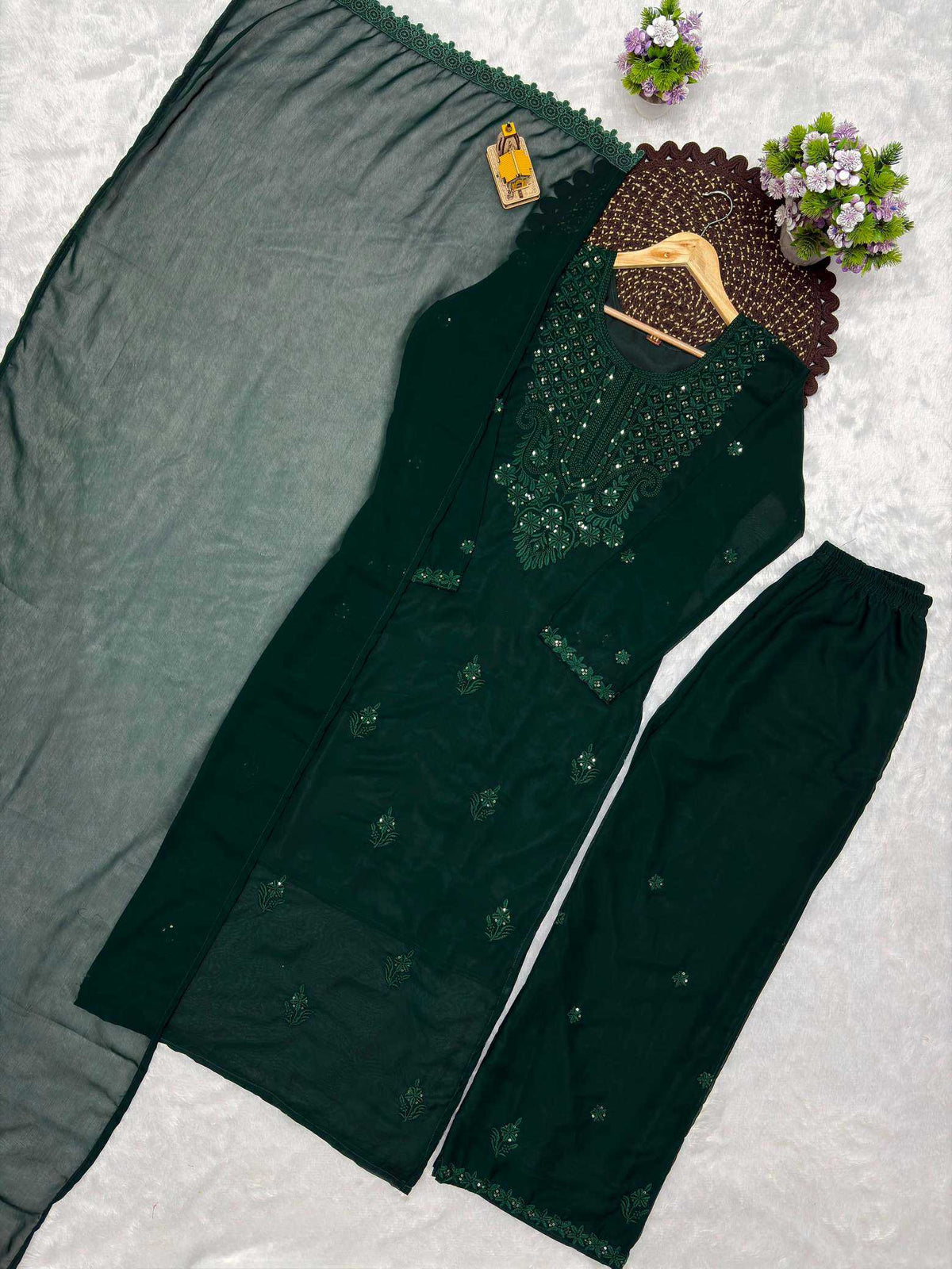 Faux Georgette Embroidery Suit in Dark Green