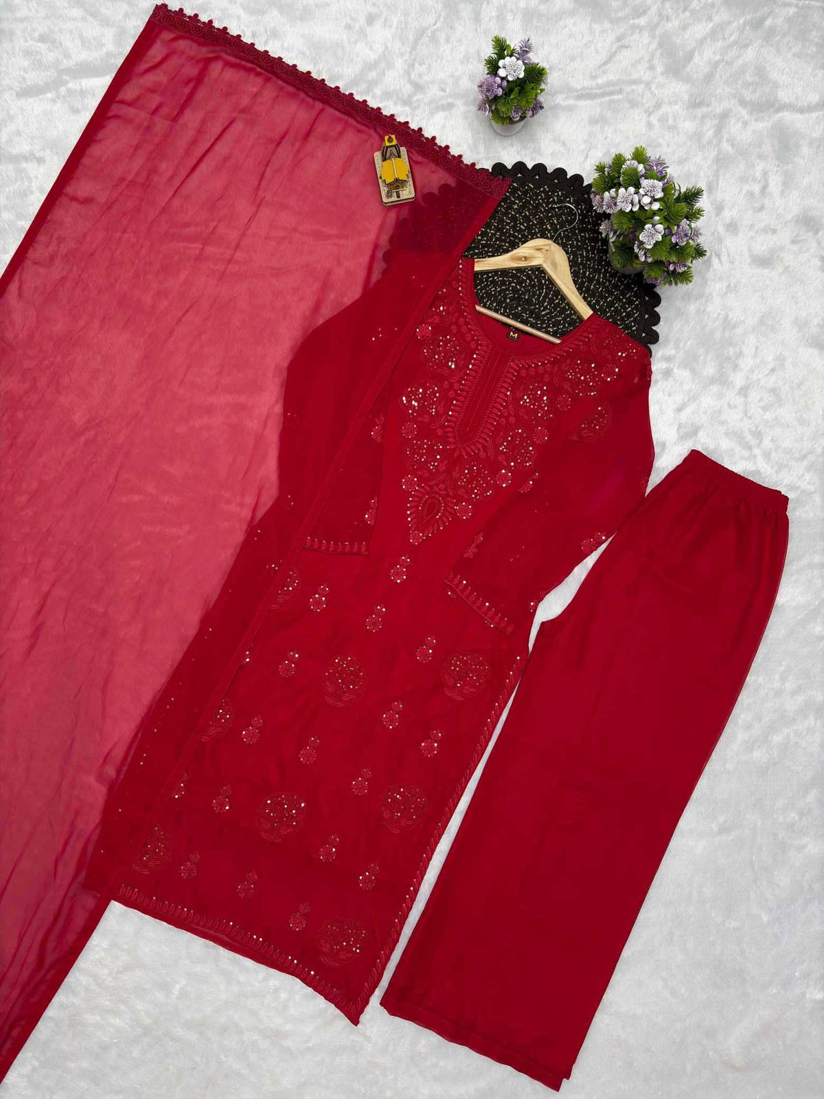 Faux Georgette Embroidery Suit in Red