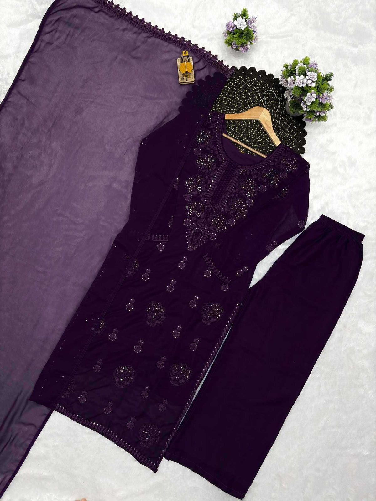 Faux Georgette Embroidery Suit in Red