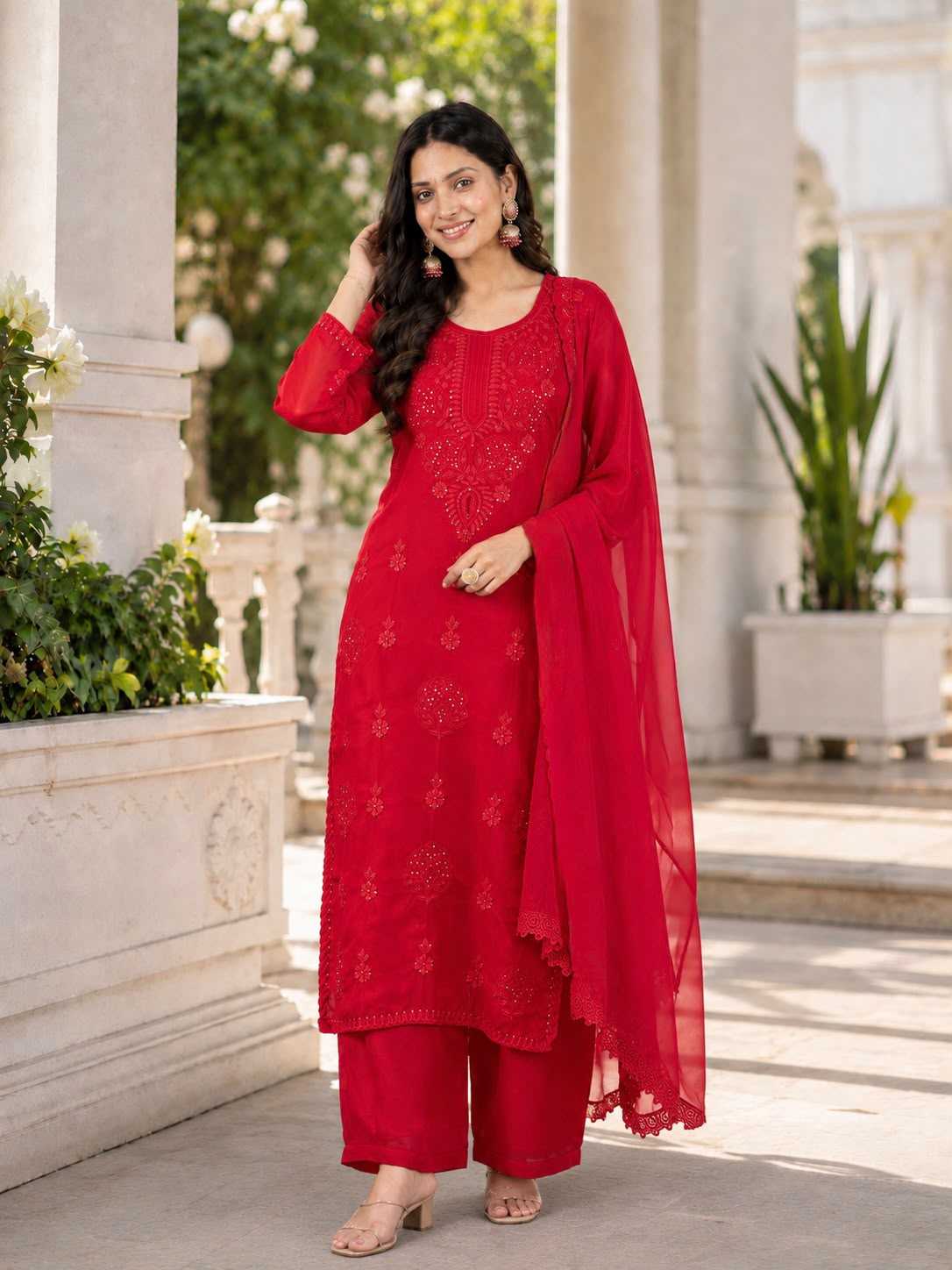 Faux Georgette Embroidery Suit in Red