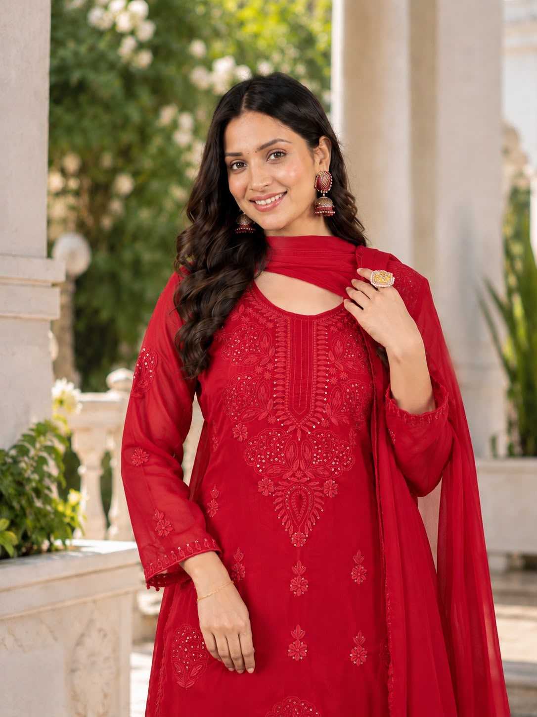 Faux Georgette Embroidery Suit in Red