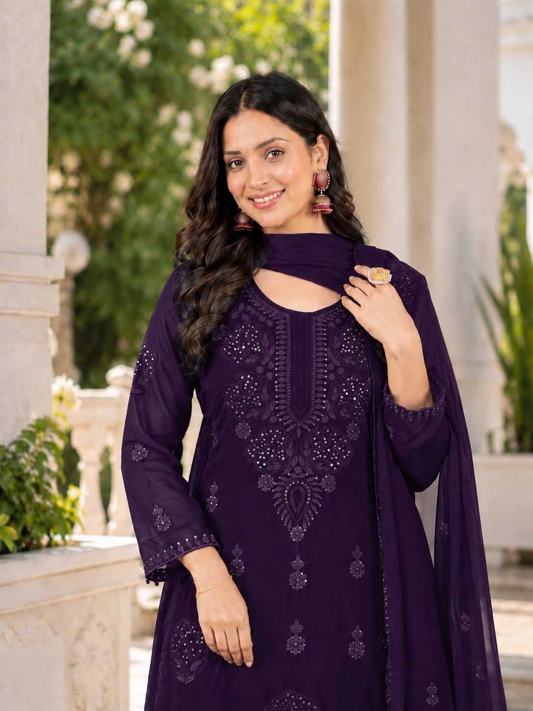Faux Georgette Embroidery Suit in Red