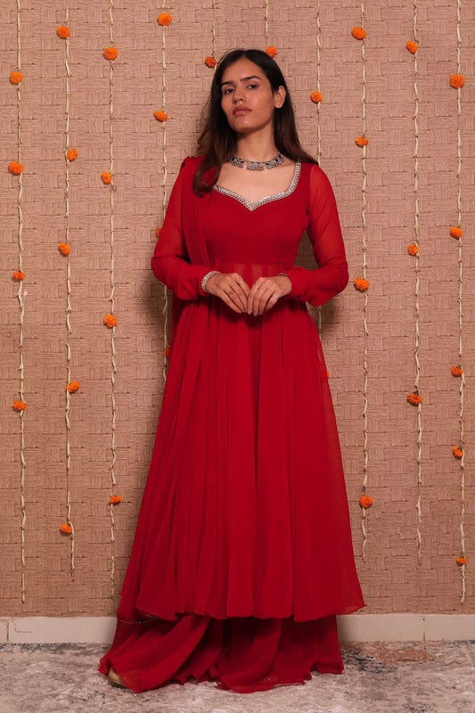 Georgette Embroidery Gown in Red