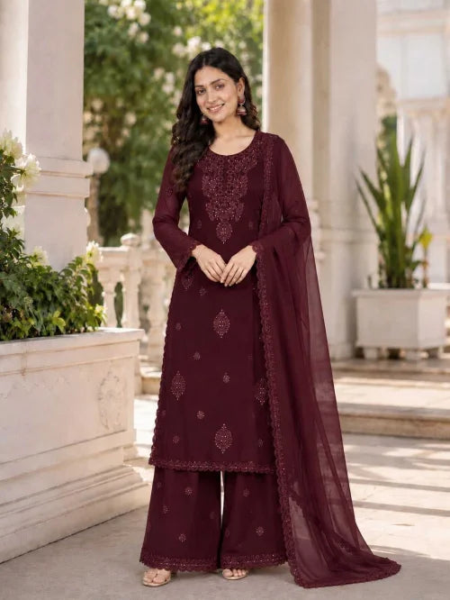 Faux Georgette Embroidery Suit in Dark Wine