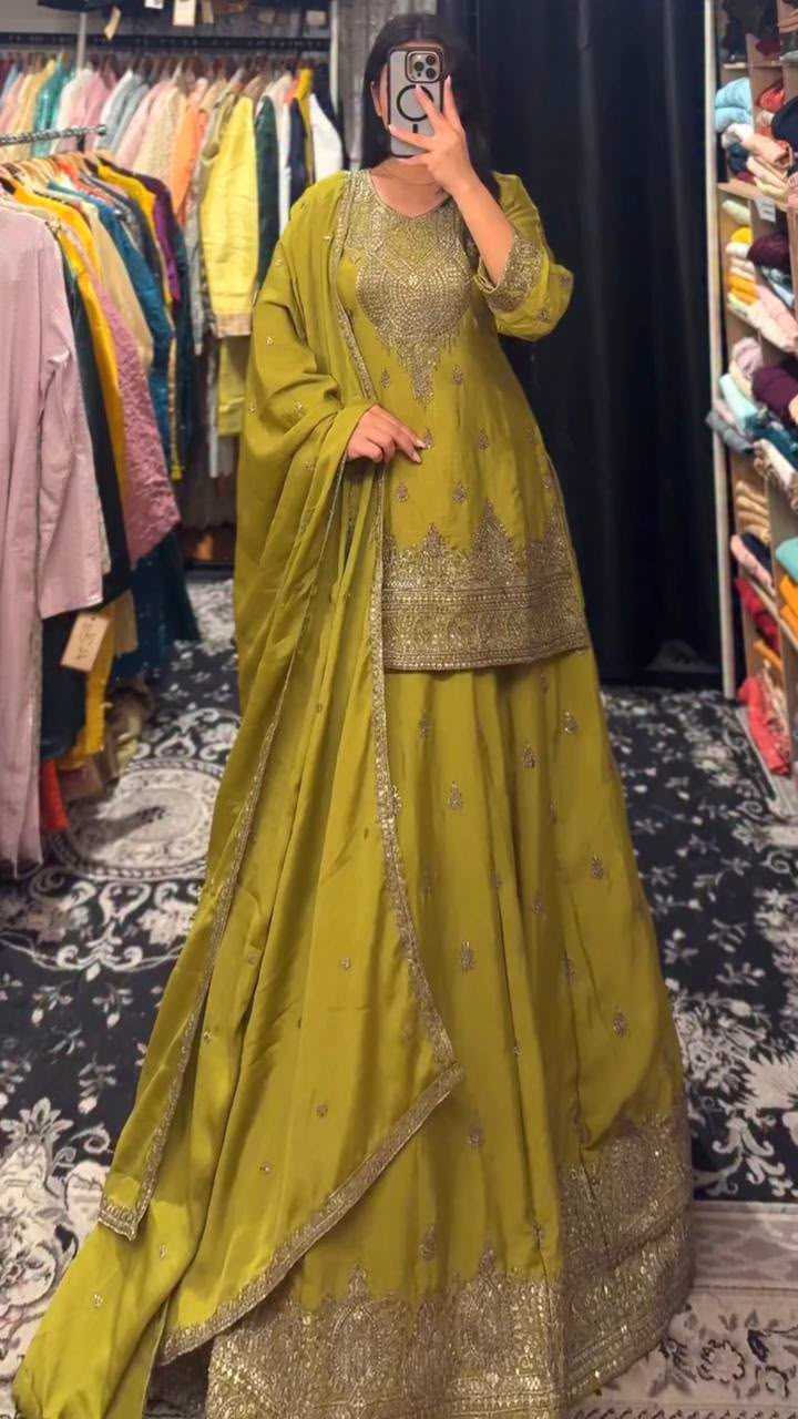 Chinon Silk Embroidery Suit in Mehndi