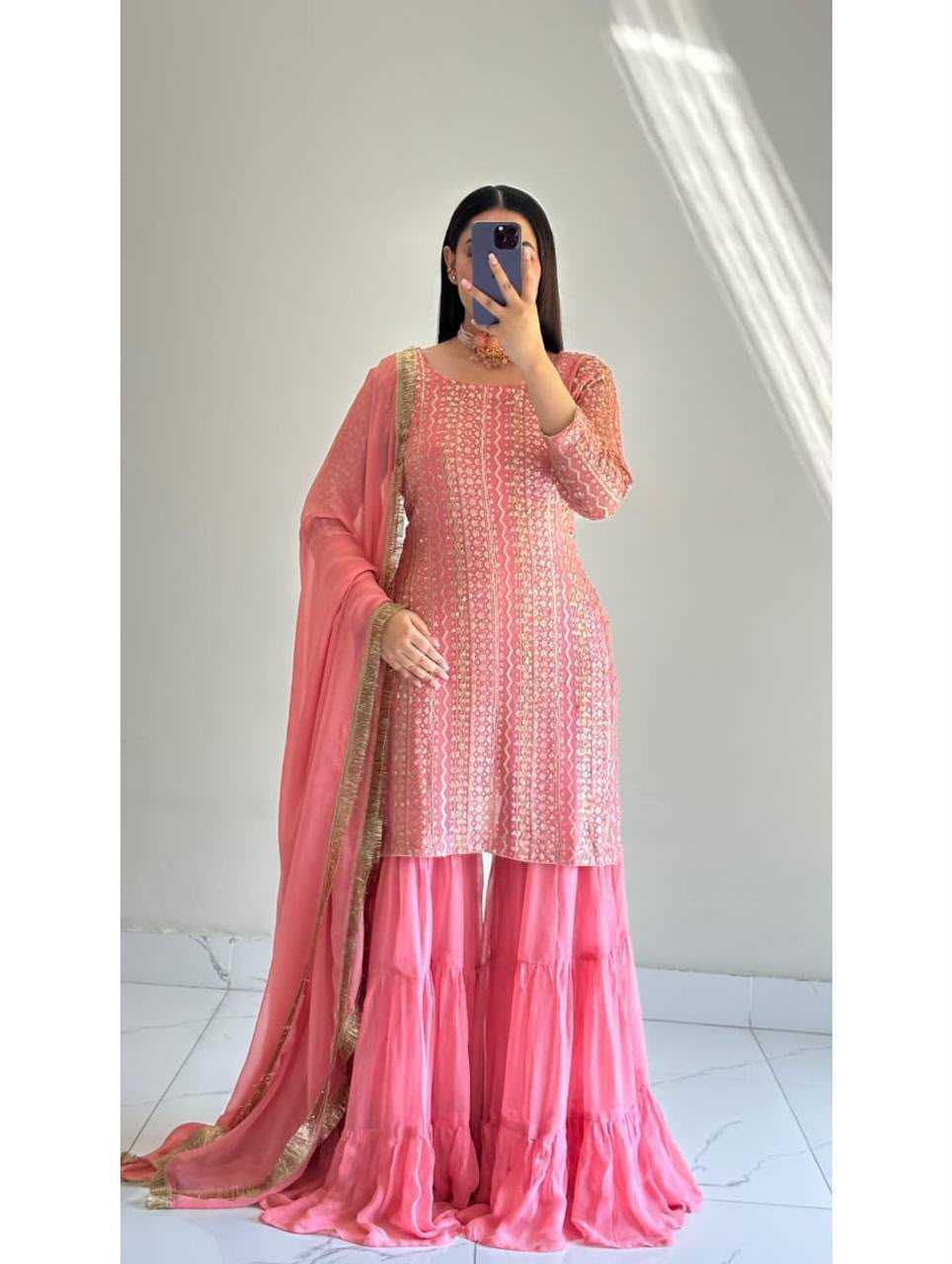 Faux Georgette Embroidery Suit in Sky